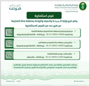 ‏بيئة مكة المكرمة تطرح فرصًا استثمارية في القطاع الزراعي بعدد من المحافظات