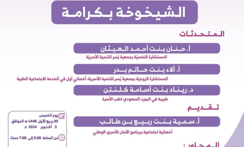 جمعية يسر للتنمية الأسرية بمكة بالتعاون مع برنامج الأمان الأسريّ الوطنيّ تقيم ملتقى  (الشيخوخة بكرامة)