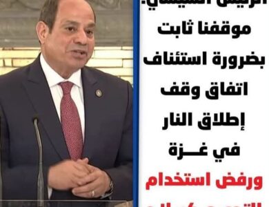 * الرئيس السيسي: موقفنا ثابت بضرورة استئناف اتفاق وقف إطلاق النار في غزة ورفض استخدام التجويع كسلاح