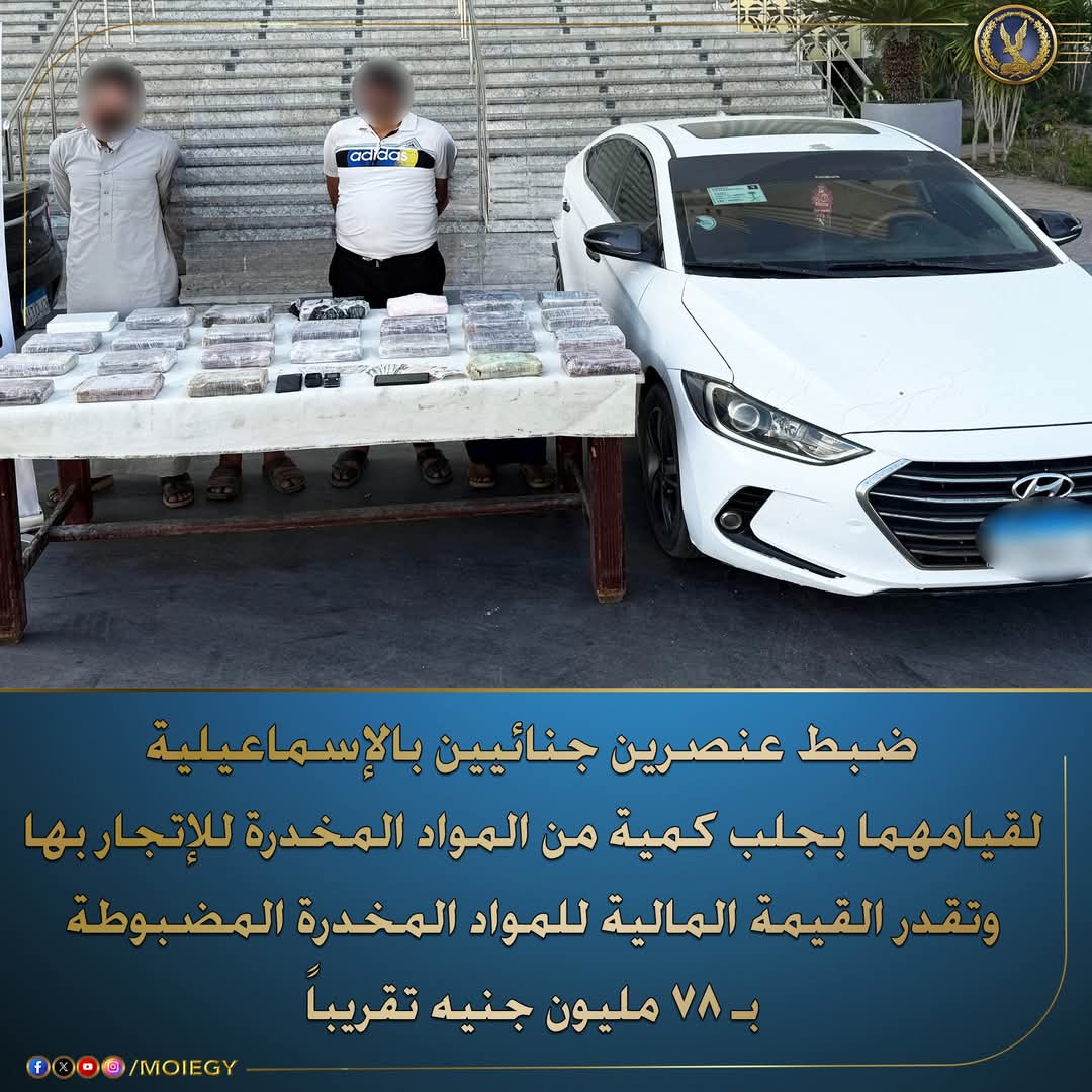 ضبط “عنصرين جنائيين ” بالإسماعيلية بجلب كميات من المواد المخدرة تمهيداً للإتجار بها