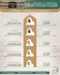 رئاسة الشؤون الدينية توضح جدول الأئمة المكلفين بإمامة الصلوات في الحرمين الشريفين من يوم غد 4 إلى 10 محرم 1447هـ
