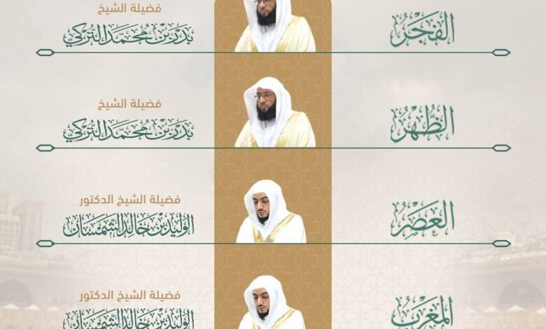 رئاسة الشؤون الدينية توضح جدول الأئمة المكلفين بإمامة الصلوات في الحرمين الشريفين من يوم غد 4 إلى 10 محرم 1447هـ