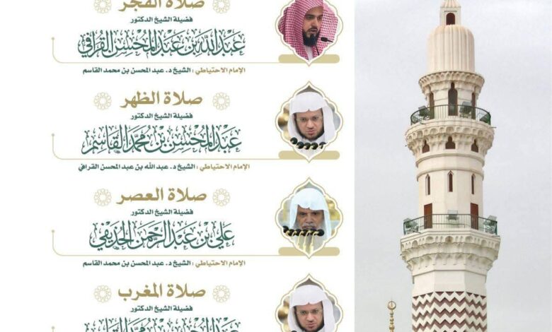 رئاسة الشؤون الدينية توضح جدول الأئمة المكلفين بإمامة الصلوات في الحرمين الشريفين من يوم غد الأحد 25 إلى 1 صفر 1447هـ