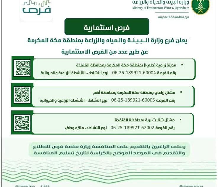 ‏بيئة مكة المكرمة تطرح فرصًا استثمارية في القطاع الزراعي بعدد من المحافظات