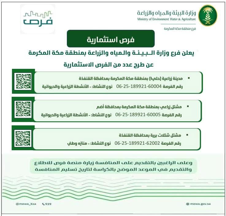 بيئة مكة المكرمة تطرح فرصًا استثمارية في القطاع الزراعي بعدد من المحافظات