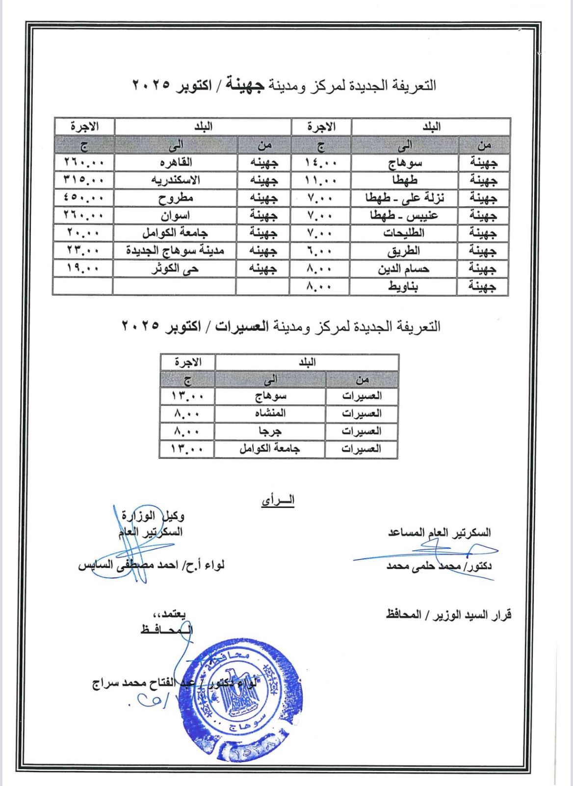 محافظ سوهاج يصدر قرارًا بتعديل تعريفة الركوب لسيارات الأجرة بنسبة 15٪