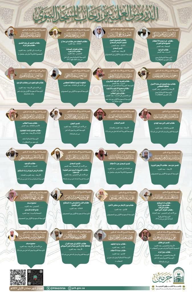 رئاسة الشؤون الدينية بالحرمين الشريفين توضح جدول البرنامج العلمي الدائم بالمسجد النبوي لشهر جمادى الأولى الحالي