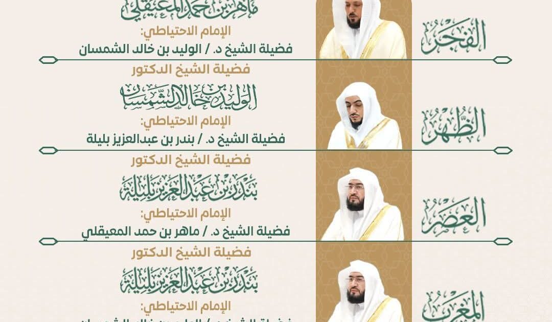 رئاسة الشؤون الدينية بالحرمين الشريفين توضح الجدول الأسبوعي لأئمة المسجد الحرام والمسجد النبوي