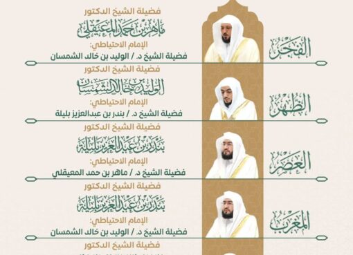 رئاسة الشؤون الدينية بالحرمين الشريفين توضح الجدول الأسبوعي لأئمة المسجد الحرام والمسجد النبوي