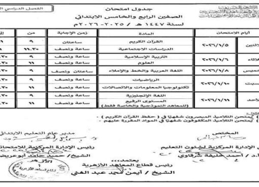 تعليم الفيوم يعتمد جداول امتحانات الصف الرابع الابتدائي للفصل الدراسي الأول 2026