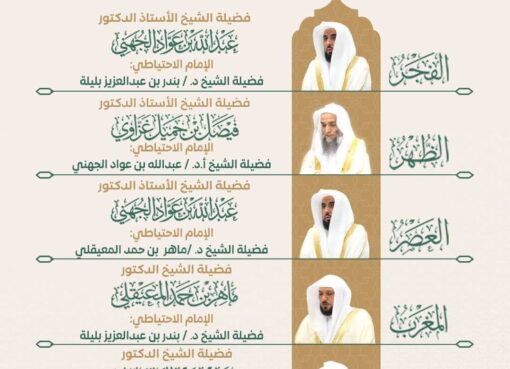رئاسة الشؤون الدينية بالمسجد الحرام والمسجد النبوي توضح الجدول الأسبوعي لأئمة الحرمين الشريفين