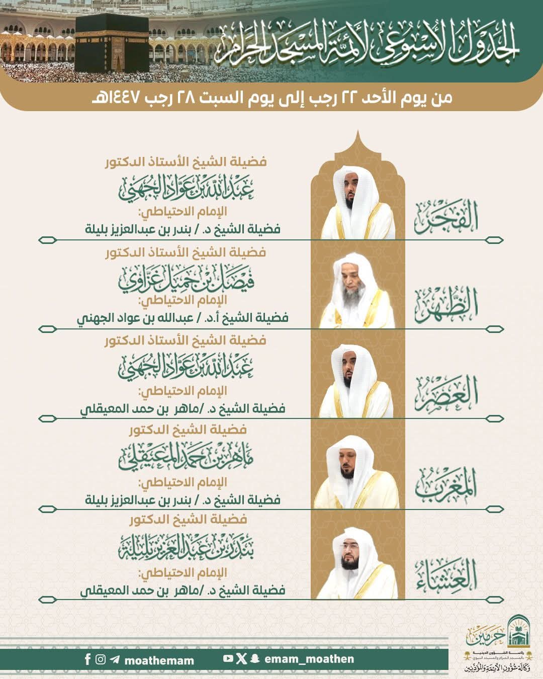 رئاسة الشؤون الدينية بالمسجد الحرام والمسجد النبوي توضح الجدول الأسبوعي لأئمة الحرمين الشريفين