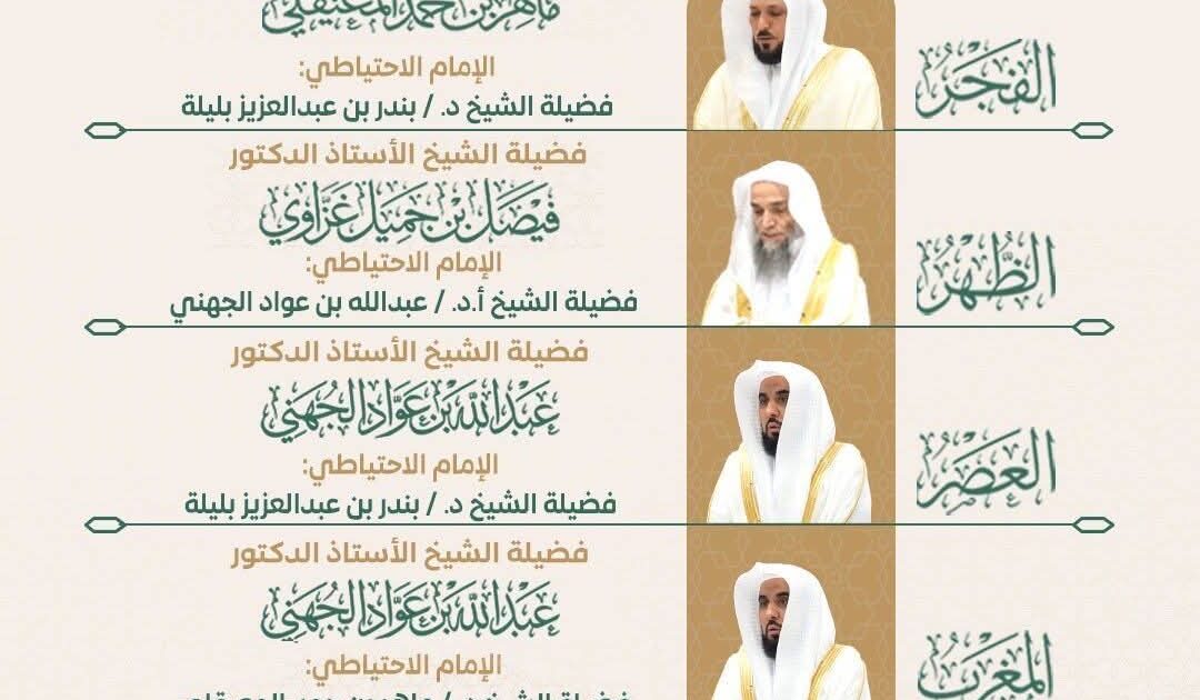 رئاسة الشؤون الدينية بالمسجد الحرام والمسجد النبوي تحدد الجدول الأسبوعي لأئمة الحرمين للأسبوع الحالي
