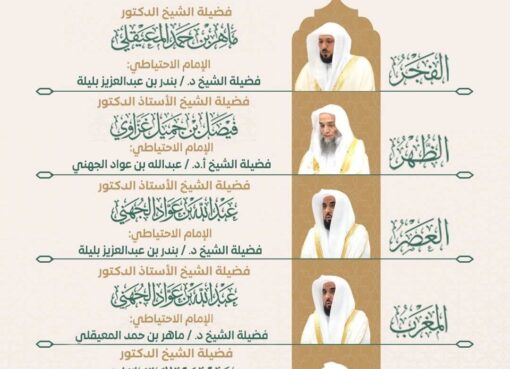 رئاسة الشؤون الدينية بالمسجد الحرام والمسجد النبوي تحدد الجدول الأسبوعي لأئمة الحرمين للأسبوع الحالي