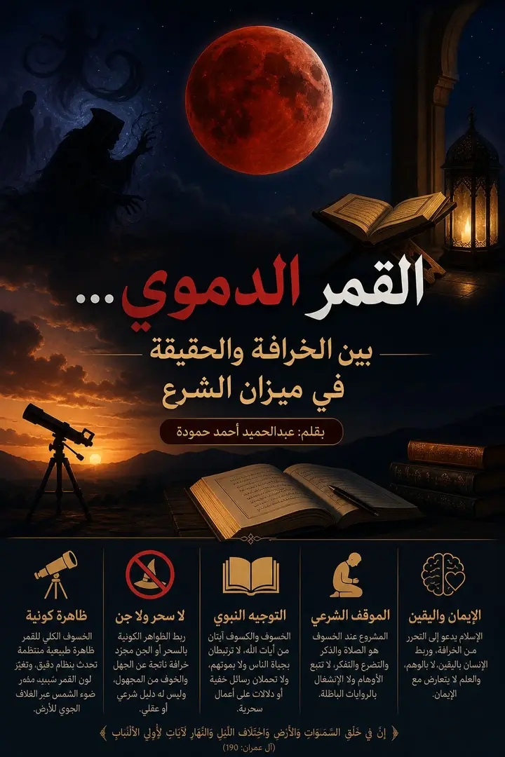 القمر الدموي… بين الخرافة والحقيقة في ميزان الشرع بقلم: عبدالحميد أحمد حمودة حين يكتسي القمر باللون الأحمر في ظاهرة تُعرف بين الناس بـ“القمر الدموي”، تعود إلى السطح تفسيرات قديمة، يختلط فيها الخوف بالغيب، ويُنسج حولها الكثير من القصص عن السحر والجن، وكأن السماء تُرسل إشارات خفية لا يعلمها إلا القليل. لكن حين نضع هذه الظاهرة تحت نور الشرع، تتبدد هذه الظلال، ويظهر المعنى واضحًا لا لبس فيه. القمر الدموي ليس إلا صورة من صور الخسوف الكلي للقمر، وهي ظاهرة كونية منتظمة، تخضع لنظام دقيق أودعه الله في هذا الكون. يتغير فيها لون القمر بسبب مرور ضوء الشمس عبر الغلاف الجوي للأرض، فينعكس بلون مائل إلى الأحمر. لا سرّ خفي، ولا قوة غامضة، بل سنّة كونية ثابتة. لكن الإشكال لم يكن يومًا في الظاهرة نفسها، بل في تفسيرها. فقد اعتاد الإنسان، حين يعجز عن الفهم، أن يملأ الفراغ بالخيال. ومن هنا نشأت فكرة ارتباط هذه الظواهر بالسحر أو بالجن. غير أن هذا التصور يصطدم مباشرة بأصول العقيدة الإسلامية، التي تقرر أن الغيب لا يُبنى على الظنون، وأن ما لم يثبت بدليل صحيح فلا يُنسب إلى الدين. وقد جاء التوجيه النبوي واضحًا في هذا الباب، حين بيّن أن الخسوف والكسوف آيتان من آيات الله، لا ترتبطان بحياة الناس ولا بموتهم، ولا تحملان رسائل خفية عن أحداث أرضية أو أعمال سحرية. هذا البيان النبوي لم يترك مجالًا للتأويل، بل قطع الطريق على كل محاولة لربط الظواهر الكونية بأوهام لا أصل لها. وفي الشريعة، لم يُشرع عند الخسوف البحث عن أسباب خفية، ولا تتبع قصص الجن والسحر، بل شُرع ما يزكي النفس ويعيدها إلى خالقها: الصلاة، والذكر، والتفكر. وكأن الرسالة الحقيقية ليست في لون القمر، بل في حال القلب عند رؤيته. إن ربط القمر الدموي بالسحر أو الجن لا يعكس قوة في الفهم، بل يكشف عن بقايا تصور قديم، لم يُمحص بنور العلم ولا بهدي الشرع. فالإسلام لم يأتِ ليغذي الخوف من المجهول، بل ليحرر الإنسان منه، ويربطه باليقين لا بالوهم. وفي النهاية، تبقى السماء كتابًا مفتوحًا، آياته تُقرأ بالعقل، وتُفهم بالإيمان. فإذا تغيّر لون القمر، فلا ينبغي أن تتغير معه عقيدتنا، ولا أن ننجر وراء روايات لا دليل عليها. بل الأولى أن نزداد يقينًا بأن لهذا الكون ربًا يدبره بحكمة، وأن كل ما فيه يسير وفق نظام لا يعرف الفوضى ولا العبث.