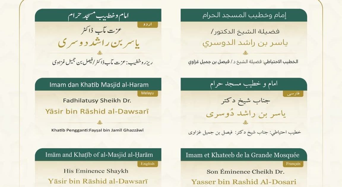 رئاسة الشؤون الدينية توضح خطيبا الجمعة في الحرمين الشريفين ليوم بعد غد الجمعة 17 صفر 1448هـ