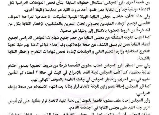 نقابة الصحفيين تعقد اجتماعًا لمناقشة المذكرات المقدمة بشأن ضبط العضوية في نقابة الصحفيين وتقرر اتخاذ عدة إجراءات