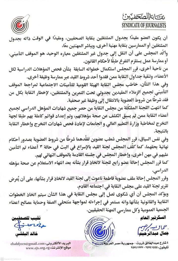 نقابة الصحفيين تعقد اجتماعًا لمناقشة المذكرات المقدمة بشأن ضبط العضوية في نقابة الصحفيين وتقرر اتخاذ عدة إجراءات