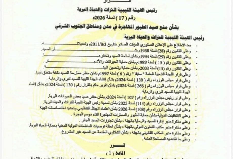 رئيس الهيئة يقرر منع صيد الطيور المهاجرة في مناطق الجنوب الشرقي لمدة موسمين